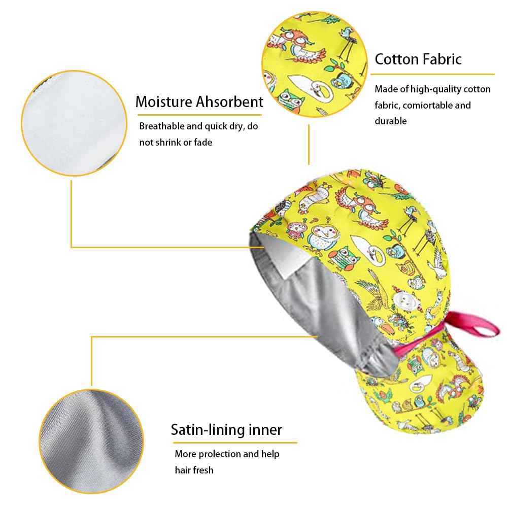 8Pcs Satin Lined Scrub Caps Women, Surgical Caps for Women, Adjustable Scrub Hats Womens Ponytail with Button and Sweatband, Nurse Cap for Unisex, Working Cap, Elastic Ponytail Pouch Tie Back