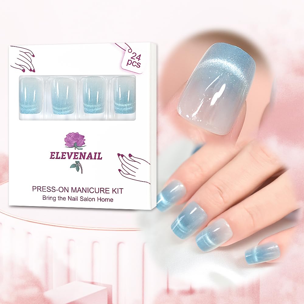 Elevenail Light Blue Press On Nails Squoval Coffin Medium Lenght Nails Women Girls Gifts Salon Manicure Cat Eye Gel Nail Art Tips Fake Nails Reusable Acrylic False Nails Glue On Nails