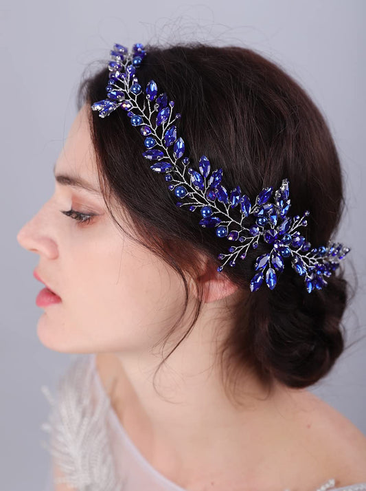 JWICOS Crystal Wedding Headband for Brides Pearl Wedding Hair Accessories Bridal Hair Piece Hair Vine for Women and Girls (Blue)