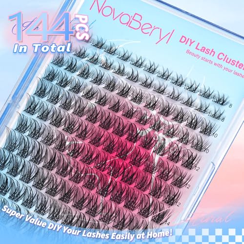 NovaBeryl Natural Wispy Clusters Eyelash Extensions 144pcs D-Curl 8-16mm - Invisible Band, DIY Lash Look