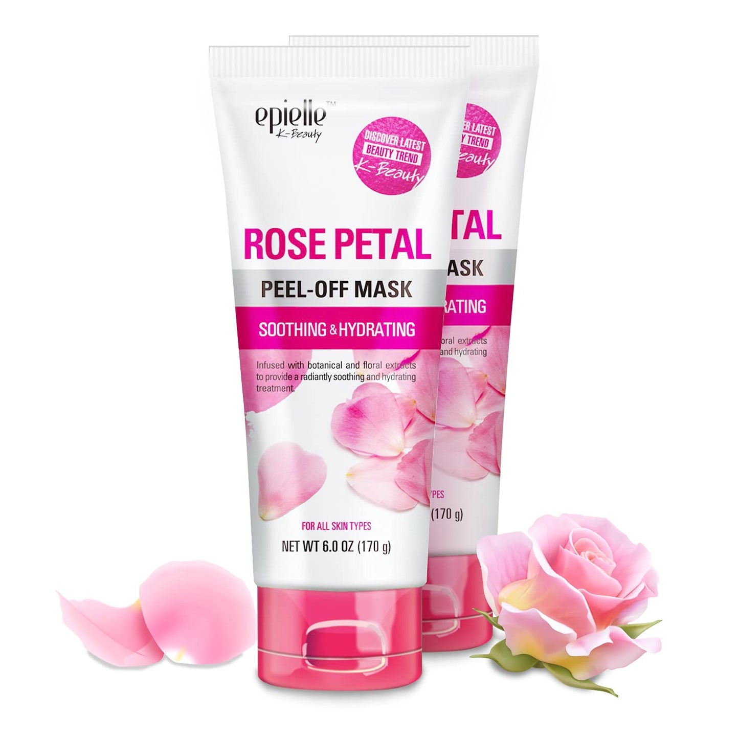 Epielle Rose Petal Peel Off Face Mask | Soothing and Hydrating with Pink Rose | Deep Pore Cleansing and Blackhead Remover Mask | 6.0 fl oz | 2 Bulk Pack