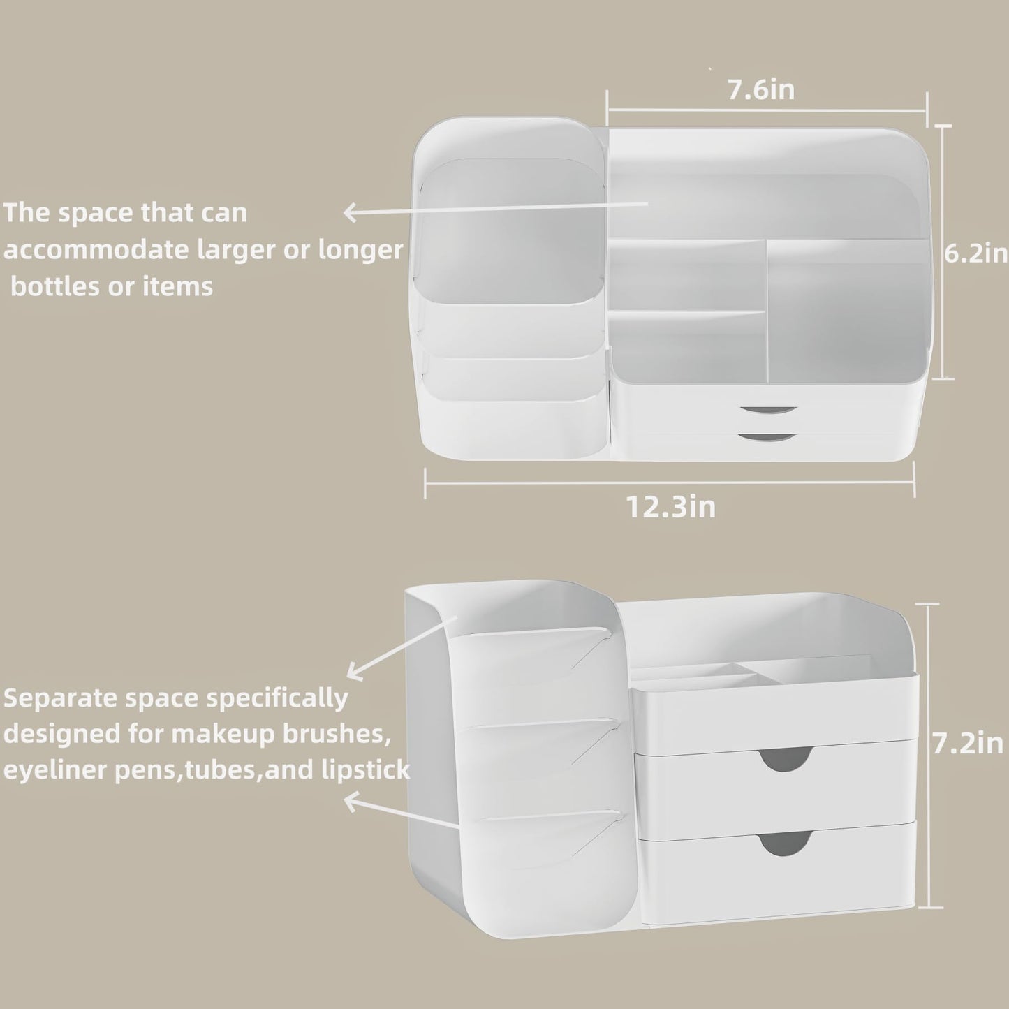 Makeup Organizer with Brush Holder for Vanity,Countertop Makeup Organizer with Drawers,Spacious Cosmetic Display Case,Perfect Storage Solution for Your Beauty Essential (All White, Large)