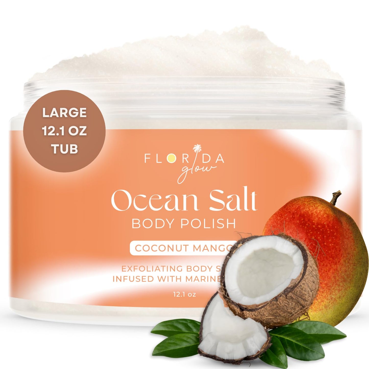 Sea Salt Body Scrub by Florida Suncare - Ocean Salt Body Polish Infused with Marine Algae - Exfoliating Face and Body Scrub - Facial Scrub Exfoliator to Tackle Acne (Coconut Mango, 12.1 oz)