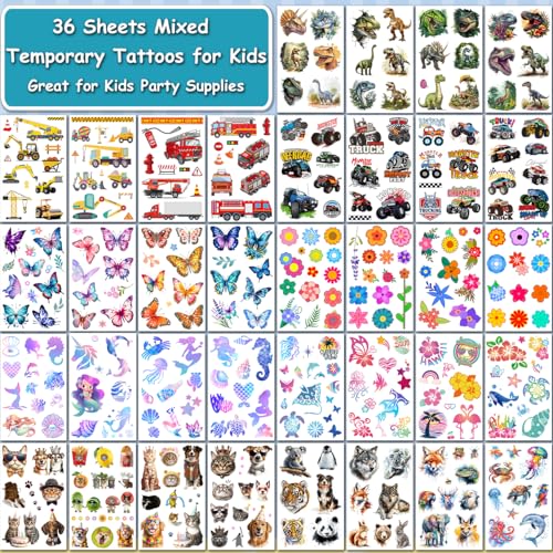 CHARLENT Temporary Tattoos for Kids - 320 Mixed Styles (36 Sheets)