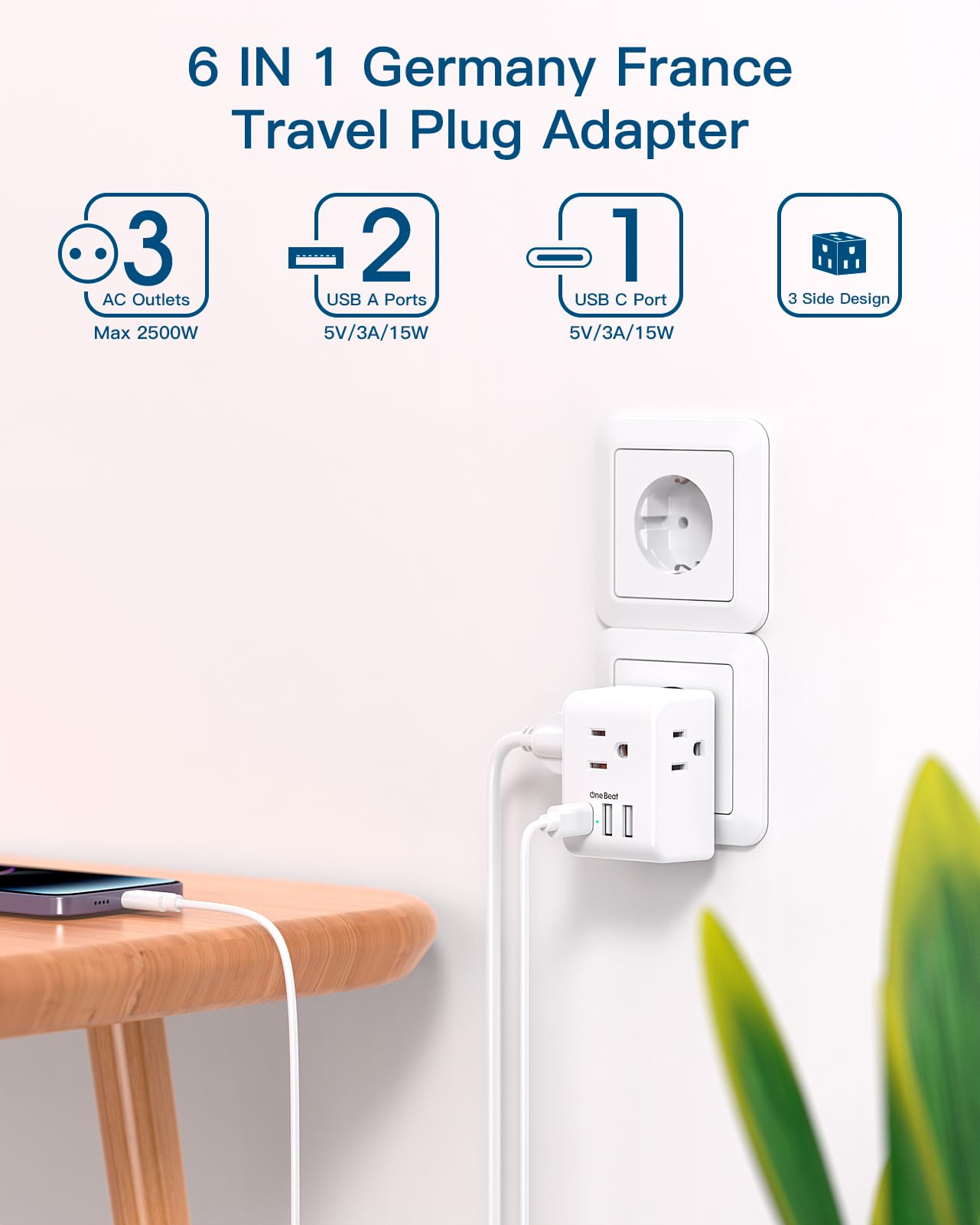 2 Pack Germany France Travel Plug Adapter with 3 Outlets 3 USB Charging Ports(1 USB C), Type E/F International Power Adapter, Travel Essentials US to Europe France Germany South Korea Netherlands