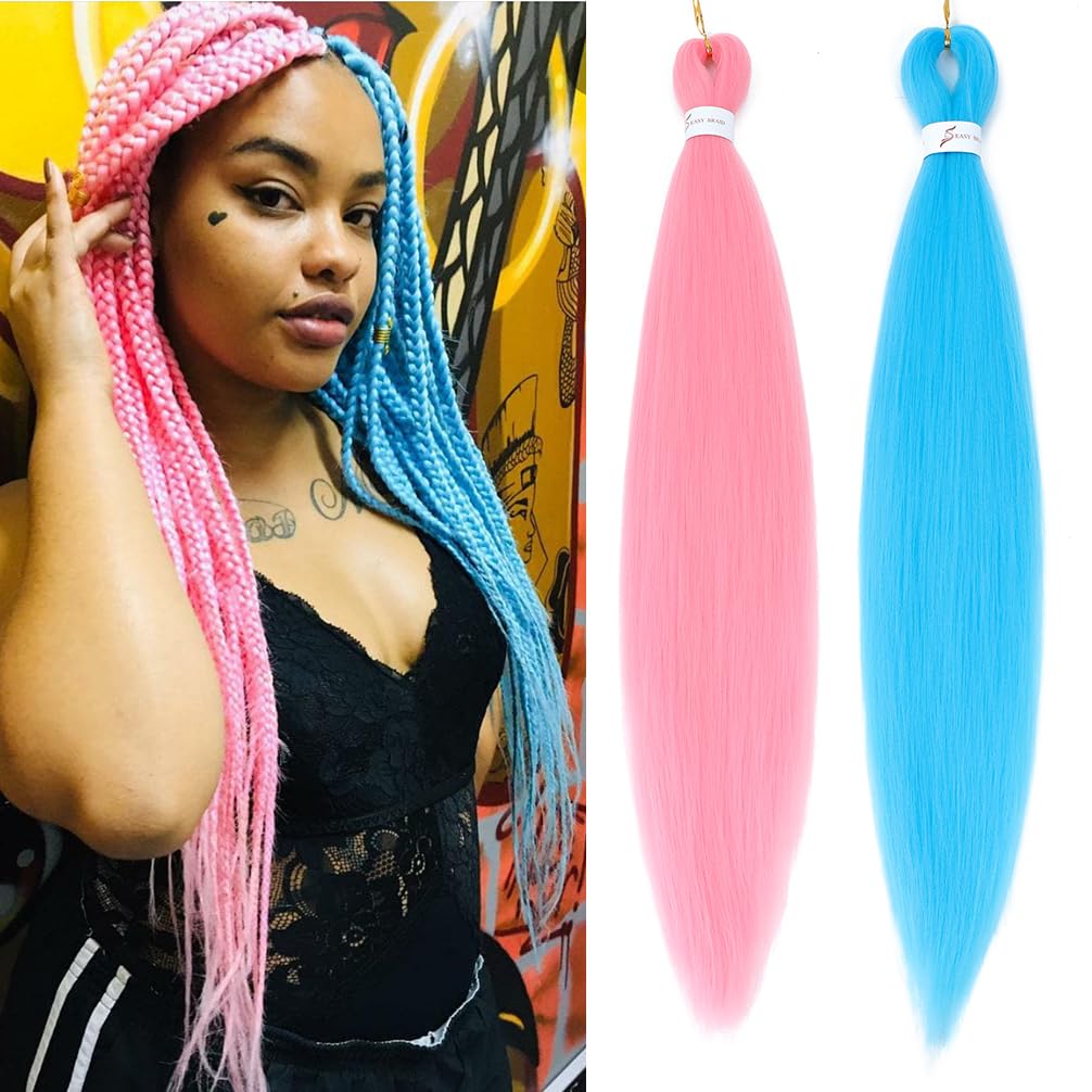 Betufllo Pink/Light Blue# Braiding Hair 2 Packs - 26 Inch Braiding Hair Professional Synthetic Prestretched Crochet Braids Hair Extension Itch Free Hot Water Setting Yaki Texture(Pink/Light Blue#)