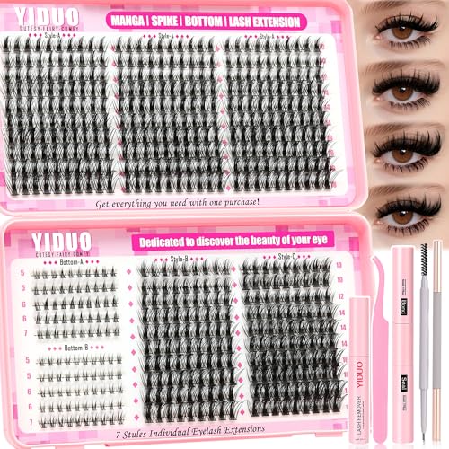 580Pcs Manga Lash Clusters Kit with Bottom Eyelash Extensions Natural Anime+100D/150D Spikes Clusters Lashes Extensions Kit Wispy D Curl Manga Cosplay DIY Lash Extensions with Bond and Seal by YIDUO