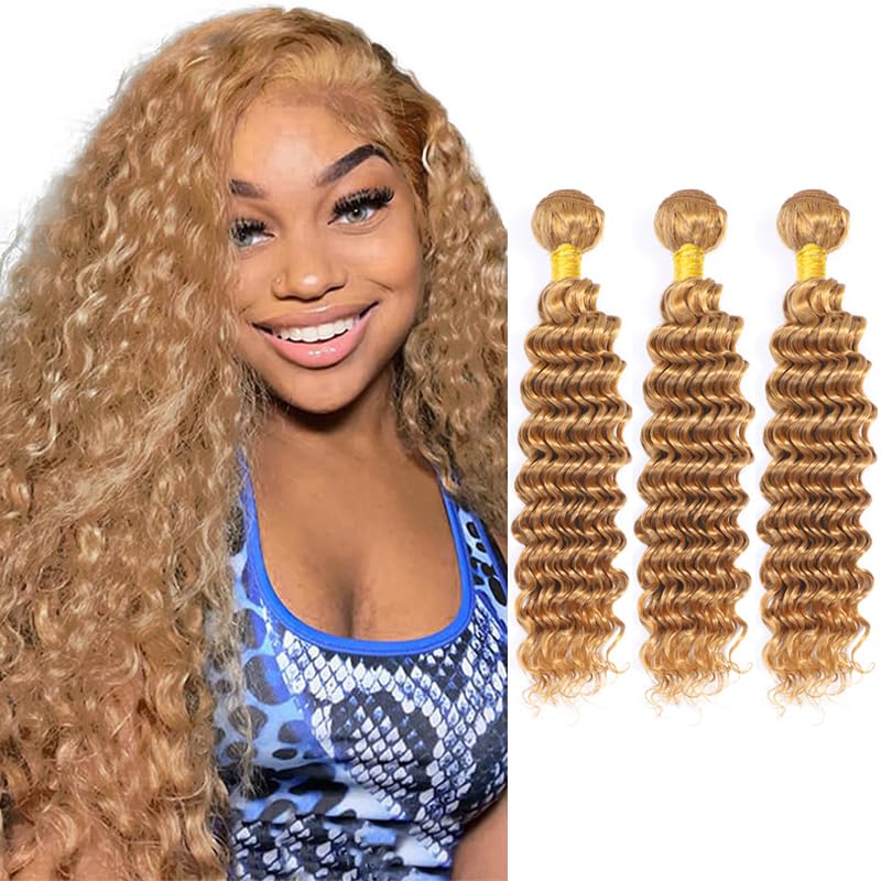 #27 Honey Blonde Deep Wave Human Hair Bundles - 34 Inch, 3 Pack