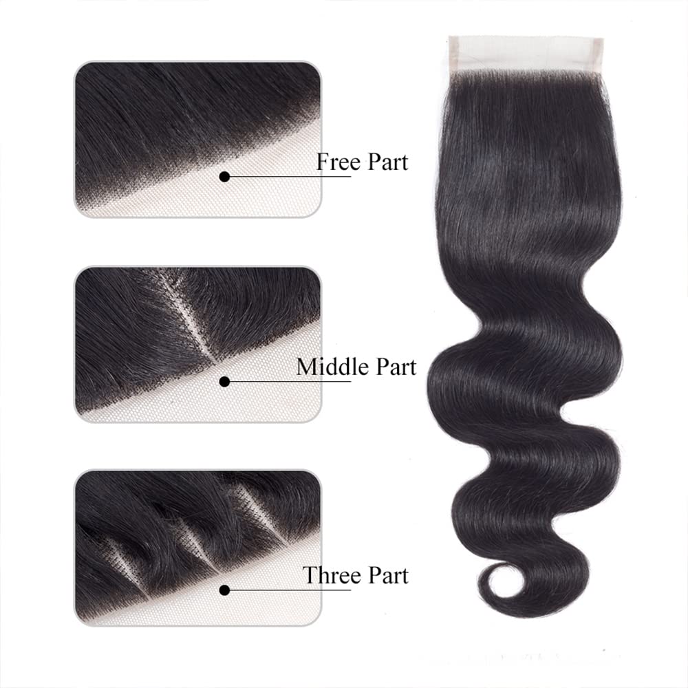 4X4 Human Hair Closure 14 Inch Body Wave Pre Plucked Bleached Knots Lace Closure Transparent Lace Closure 1B Free Part With Baby Hair Peruvian Virgin Natural Hair Grade 10A