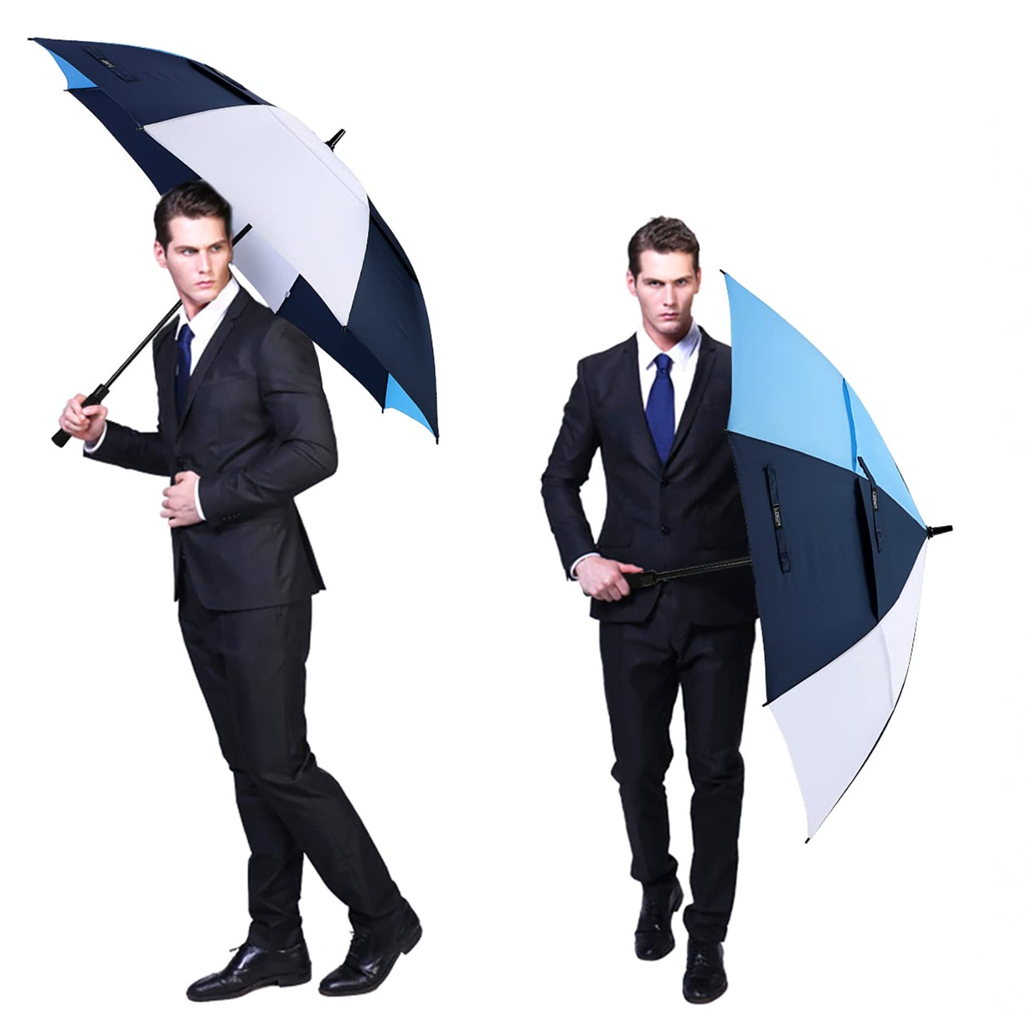 G4Free 62 Inch Automatic Open Golf Umbrella Extra Large Oversize Double Canopy Vented Windproof Waterproof Stick Umbrellas (White+Dark Blue+Sky Blue)