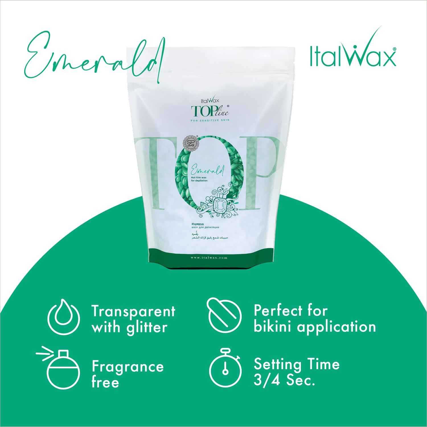 Italwax Top Line Emerald - 750g / 1.65lb - Hard wax beads for hair removal - Scent free - Synthetic formulation ideal for sensitive skins - Recommended for the Bikini Area and Armpits