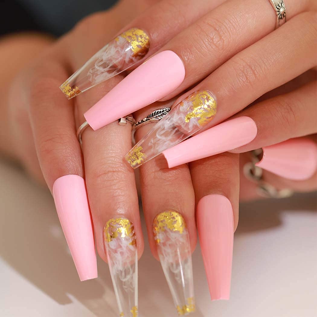 Outyua Smoke Pattern Fake Nails Pink Coffin Extra Long Press on Nails with Designs Glossy Ballerina Acrylic False Nails Stick on Artificial Nails 24Pcs (Pink)