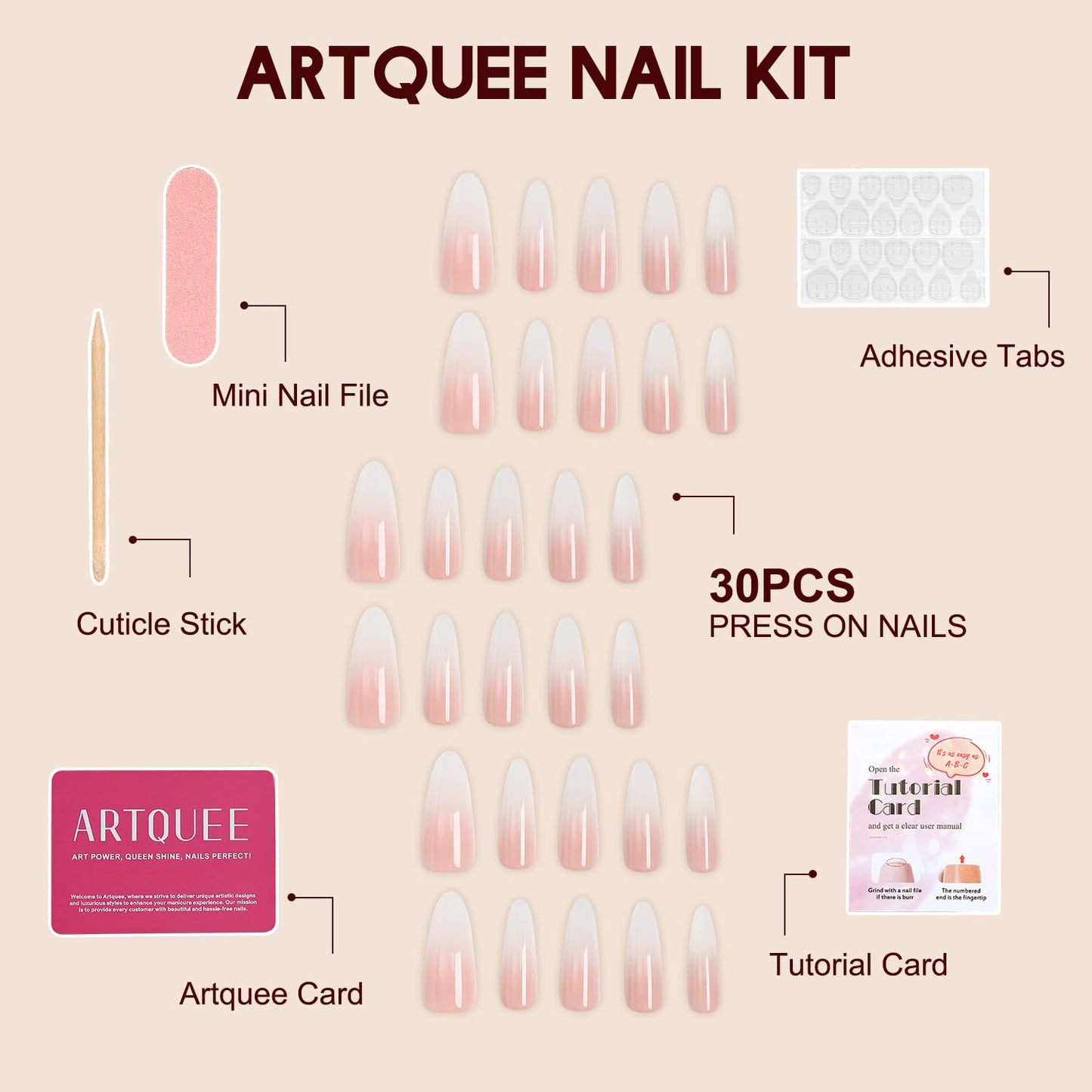 Artquee Ombre Peach Pink Press on Nails Almond Extra Long Fake Nails Stiletto False Nails Art Glossy Artificial Reusable Stick on Nails - 30 Nail Kit