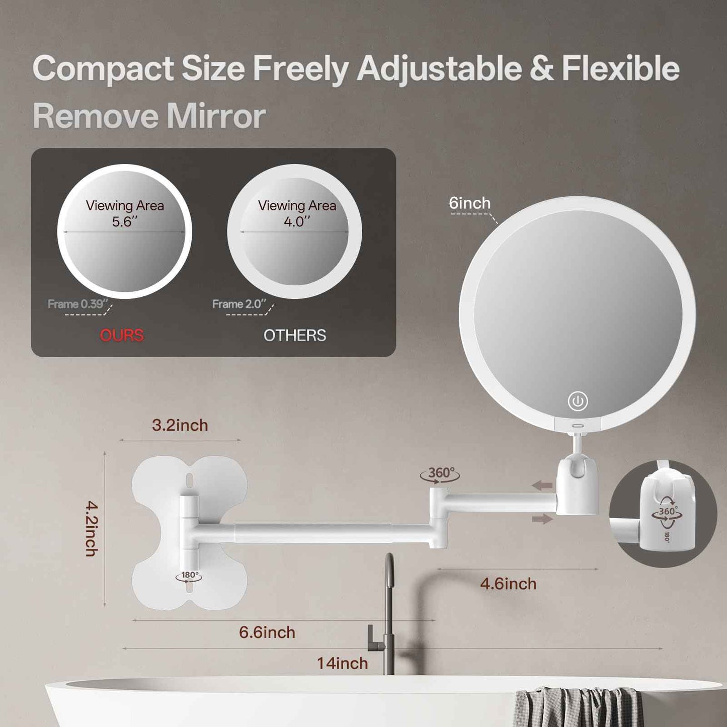6" Led Wall Mounted Makeup Mirror Double Sided 1/20X, 1-Second Install Lightweight Compact Wall Mirror with Light, Rechargeable Extendable Magnifying Mirror for Bathroom, Wall Vanity Mirrors (1+20X)