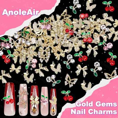 70 Pcs Cherry Nail Charms Gems, 3D Butterfly Bowknot Nail Art Charms, Alloy Bow Gold Butterfly Nail Gems Charms for Acrylic Nails, Gold Bows Nail Art Charms for Nails DIY Y2K