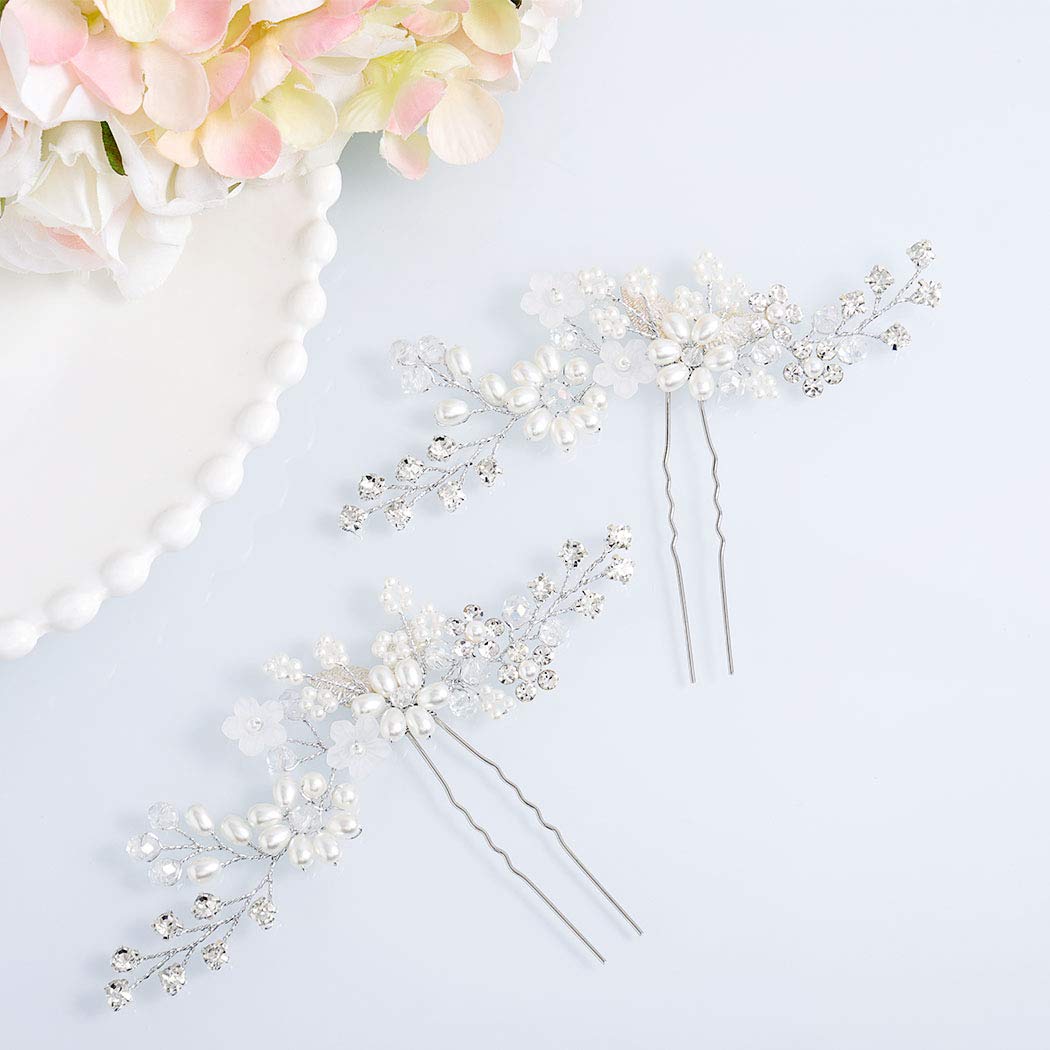 Fstrend Bridal Wedding Hair Pins Silver Sparkly Rhinestones Pearls Hair Pin Crystals Bride Hairpieces Leaves Hair Accessories for Women and Girls(Pack of 2) (Silver)