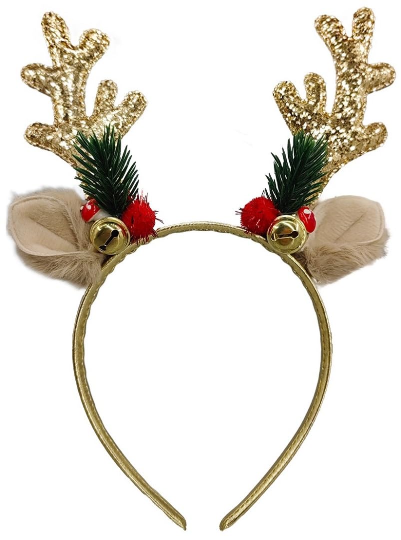 SIOTMERA Reindeer Antlers Headband Sequined Christmas Headband Adults Kids Deer Antler Headband Party Cosplay Reindeer Ears for Christmas Costume, Gold