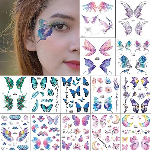 14 Sheets Glitter Butterfly Temporary Tattoos for Women Girls Butterflies Wings Flowers Moon Star Shiny Face Art Tattoos Sticker Fake Tattoos Decals Accessories for Eye Body Makeup Festival Parties