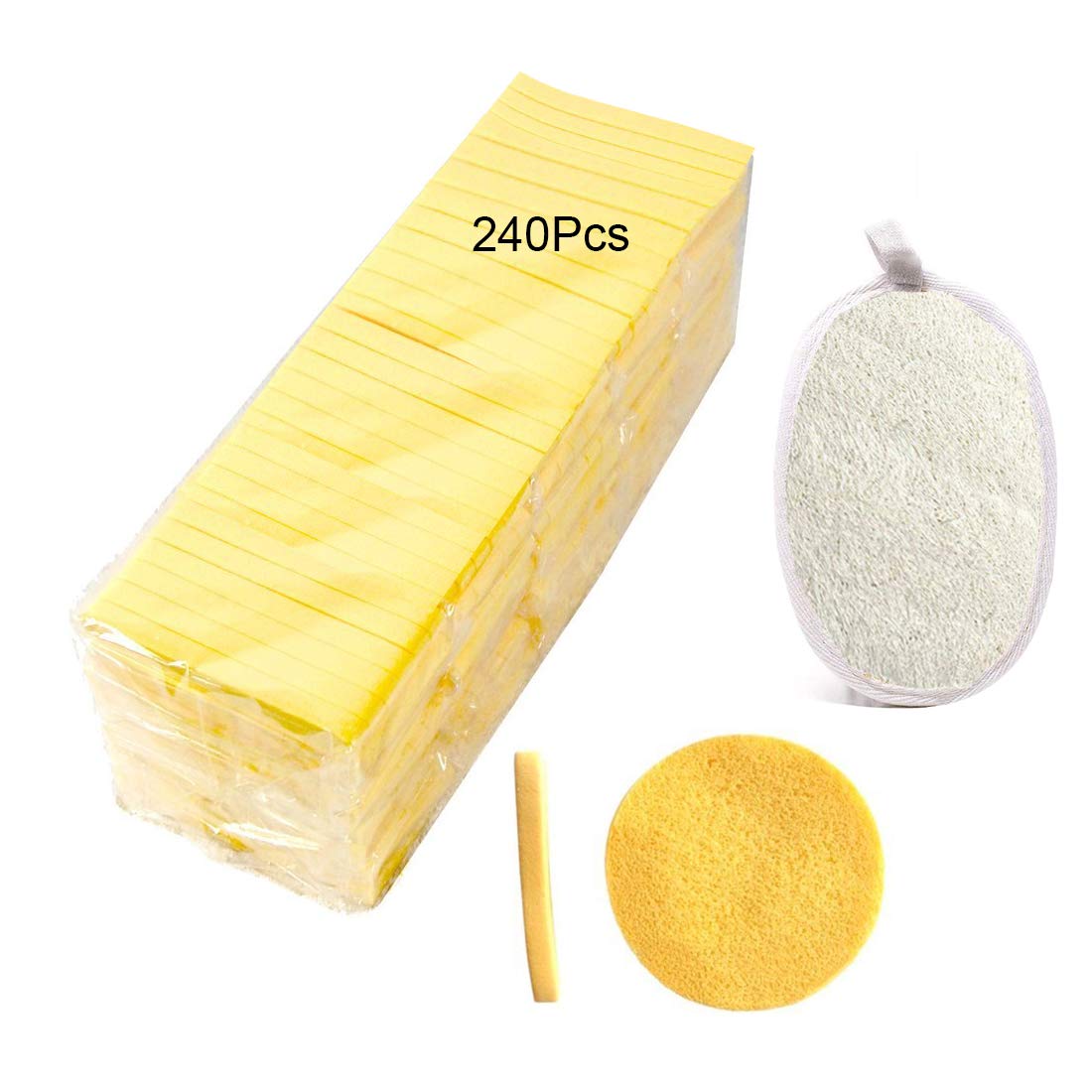 Facial Sponge Compressed,240 Count PVA Professional Makeup Removal Wash Round Face Sponge Pads Exfoliating Cleansing for Women with a Natural Loofah Sponge for Body Washing,Yellow