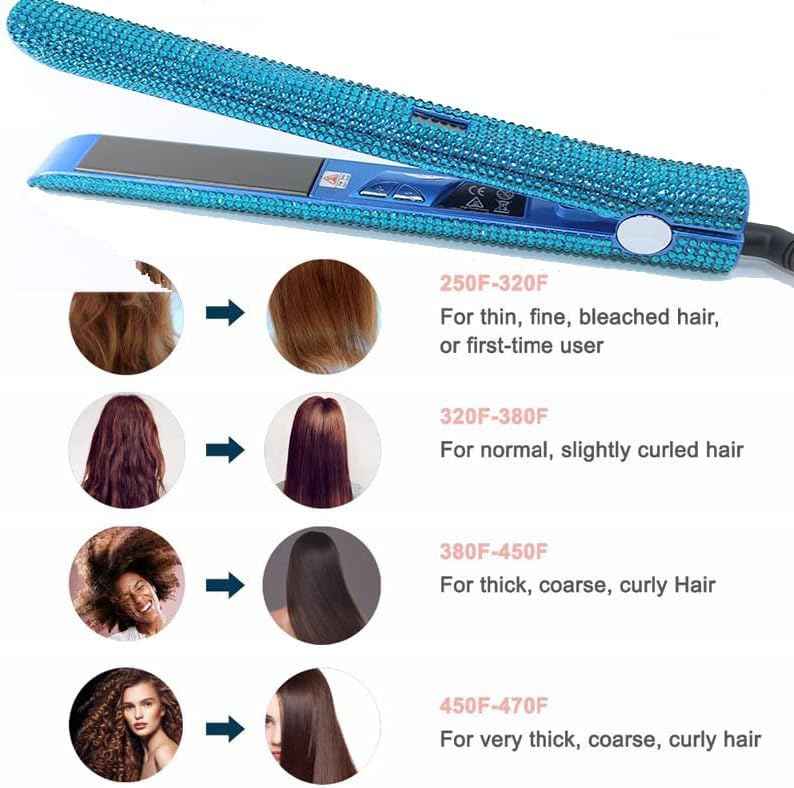 Hair Straightener Titanium Flat Iron with Gorgeous Rhinestone Bling Crystal Diamond, 2 in 1 Hair Straightener and Curler, 60 Min Auto Shut Off, LCD Temp Display (Blue)