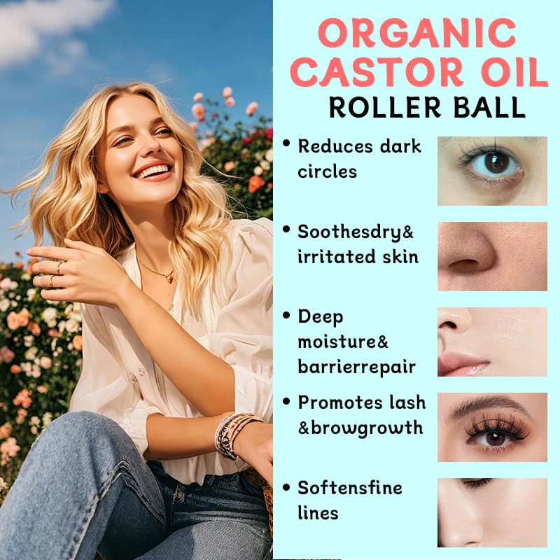 Organic Castor Oil Roll-On with Rose Quartz Roller Ball for Skin & Hair Care