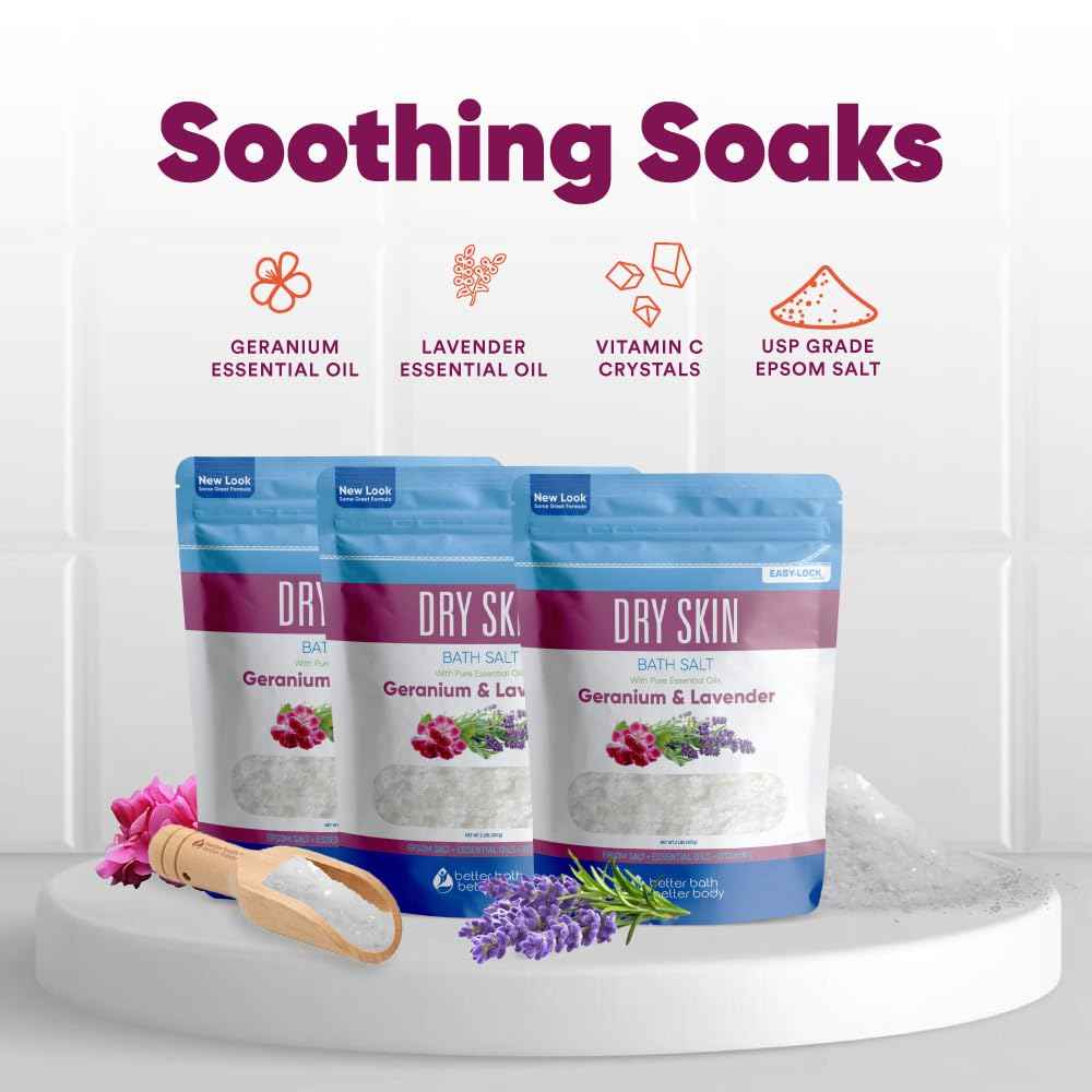 Dry Skin Bath Salt (3 Pack with Scoop) Skin Soothing Epsom Salt with Pure Essential Oils in BPA Free Pouch with Press Lock Seal Made in USA Three 2 Lbs Pouches 6 Lbs Total
