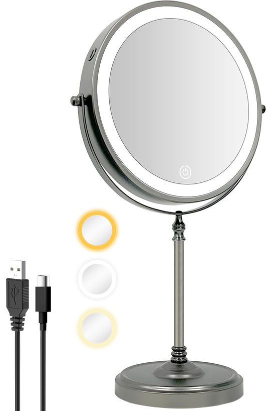 Erlingeryi 9" 5000mAh Rechargeable Lighted Makeup Mirror with 3 Color Lights Dimmable and 1X/ 10X Magnification for Desk, LED Magnifying Make Up Cosmetic Vanity Mirrors Gunmetal Gray