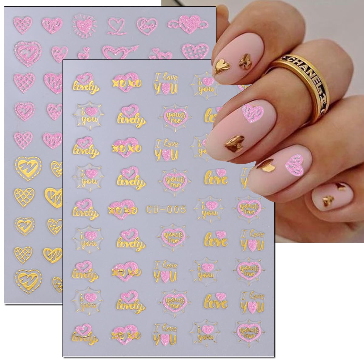 Valentine's Day Heart Nail Stickers-8 Sheets Gold Pink Nail Art Stickers 3D Self-Adhesive Nail Decals Glitter Star Love Rose Flower Nail Art Design Supplies for Acrylic Nail Decoration Stickers Women