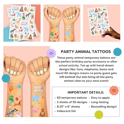 xo, Fetti Party Animal Birthday Party Temporary Tattoos - 60 Foil Styles | Safari Birthday Decorations, Wild Rainbow Kids Accessory, Wild One Elephant Theme Favors, Baby Shower Supplies