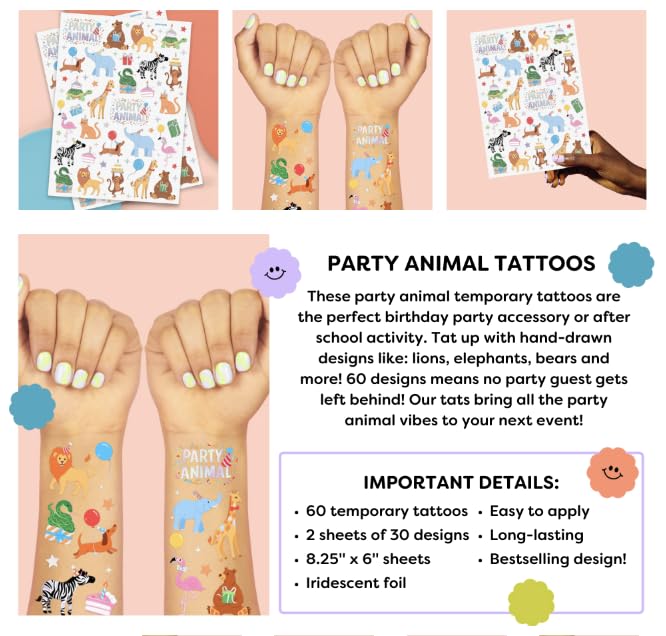 xo, Fetti Party Animal Temporary Tattoos - 60 Foil Designs