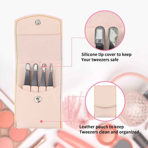 LuckyOpt 4pcs Precision Tweezers Set, 430 Stainless Steel Tweezers with PU Leather Storage Bag, Slant Flat Eye Brow Tweezers for Women Facial Hair, Eyelash Extension, Eyebrow Plucker (Pink)