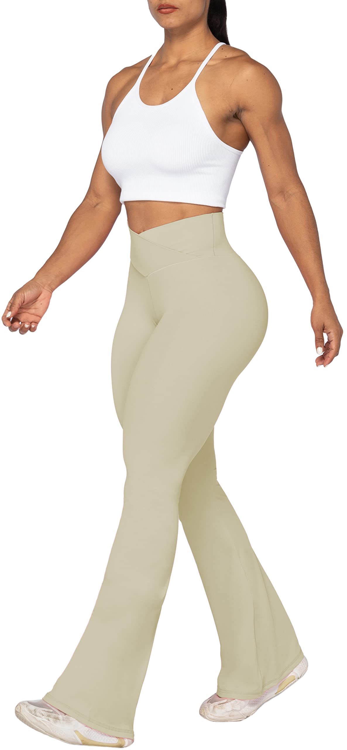 Sunzel Flare Leggings, Crossover Yoga Pants with Tummy Control, High-Waisted and Wide Leg, 30" Inseam, Apricot X-Large