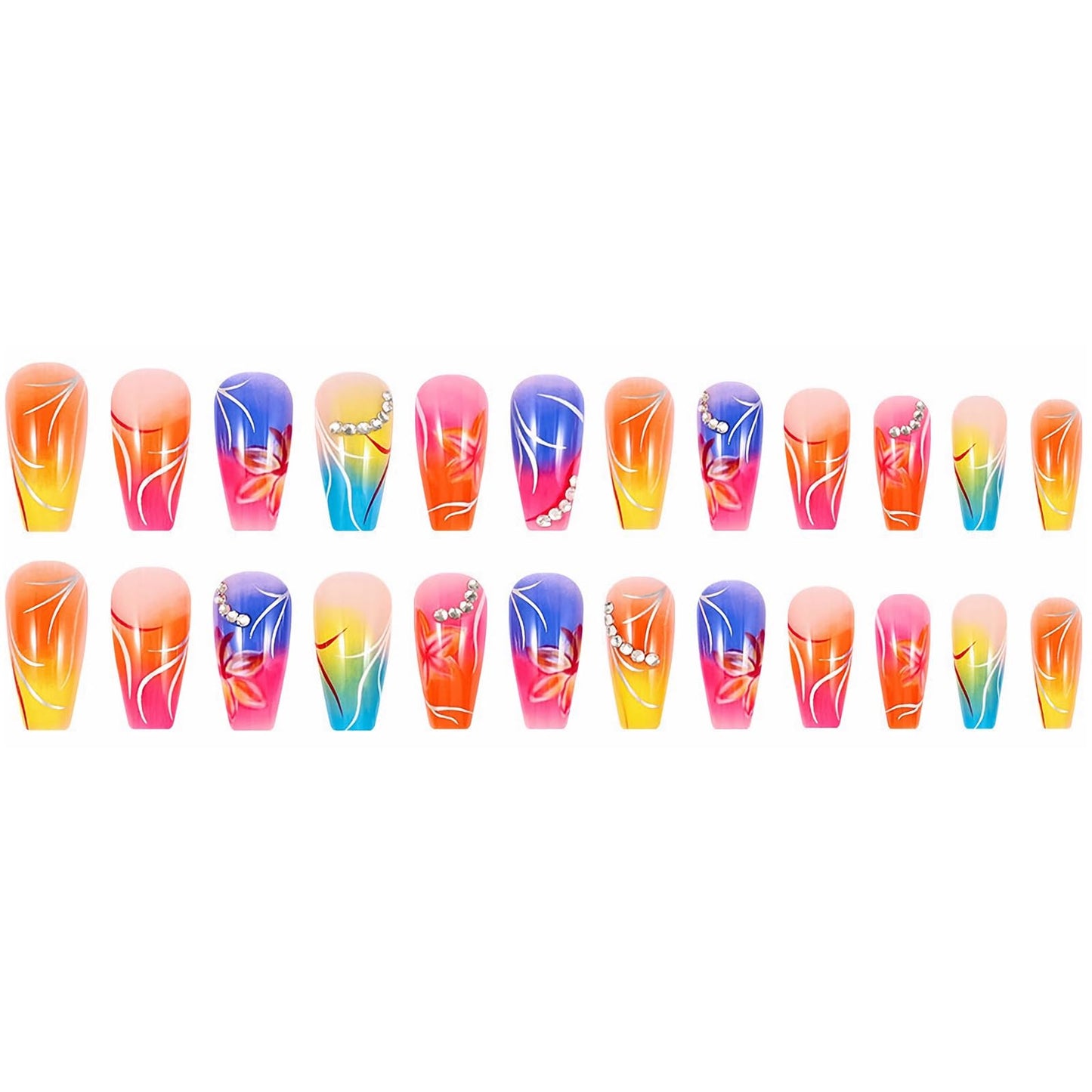 MERVF Coffin Press on Nails Long Fake Nails Press ons Ombre French Tip Glue on Nails with Flower Design Colorful Gradient Ballerina Rhinestones Acrylic False Nails Glossy 24pcs