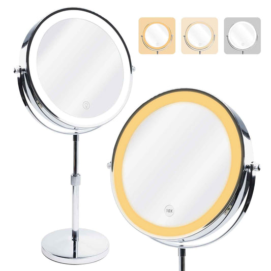 DANOPLUS Makeup Mirror with Lights, 9" Large Magnifying Mirror with 1X/10X, 360°Rotation Vanity Mirror, 3 Color Brightness Adjustable Light Up 5000mAh Rechargeable, Double-Sided, Gift for Women