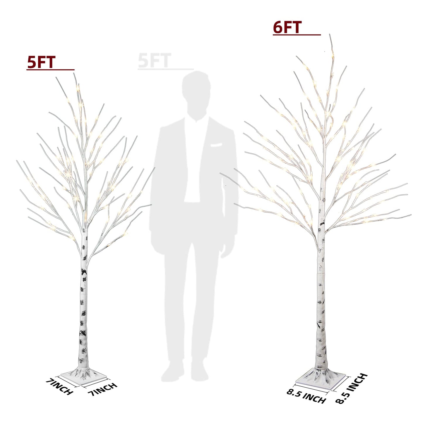 Vanthylit Prelit Birch Tree Light, White Christmas Tree for Home Party Wedding Holiday Christmas Decorations Outdoor Indoor Light Up Trees - 2 Pack 5FT 6FT (Timer)