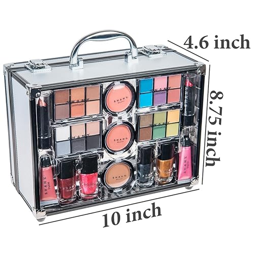 SHANY Carry All Trunk Makeup Train Case with Re-usable Aluminum Beauty Storage Organizer Case. Make up Set with Eye palettes, Blushes,Face Powders, Manicure, Pedicure and Cosmetics Brushes. GIFT SET