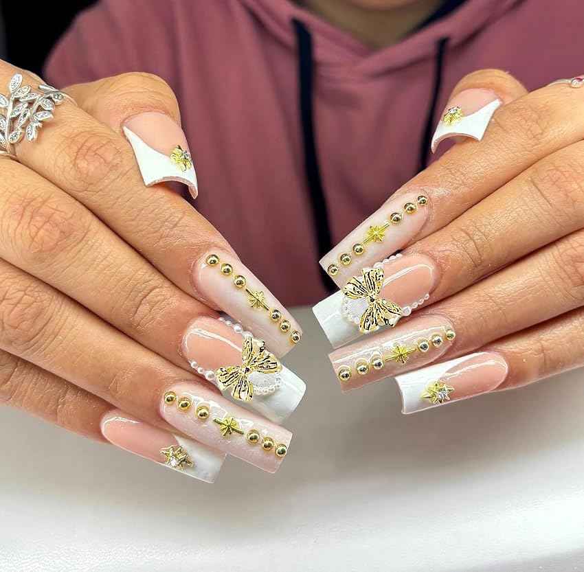 KACHIMOO 120 PCS Bow Nail Charms Silver Gold Black Rose Gold Bowknot Nail Art Charm 3D Alloy Bow Charms for Nail Art Design