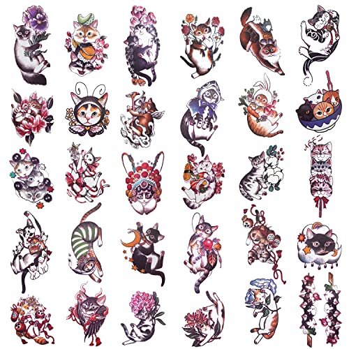 30 Sheets Waterproof Temporary Tattoo Stickers - Japanese Cat Design