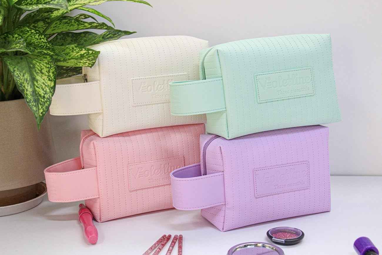 Violetline Women's Cosmetic Bag Essentials, Perfect Christmas Gifts! Elegant Preppy Travel Makeup Bag, Ideal Waterproof Leather Cosmetic Bag for Girls and Moms (Light Purple Cosmetic bag)