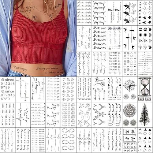 Everjoy Realistic Tiny Temporary Tattoos - 400+ Patterns, 60 Pcs Inspirational Quotes, Words, Lines, Flowers, Leaves, Artworks, Message Tattoos for Women, Men and Adults