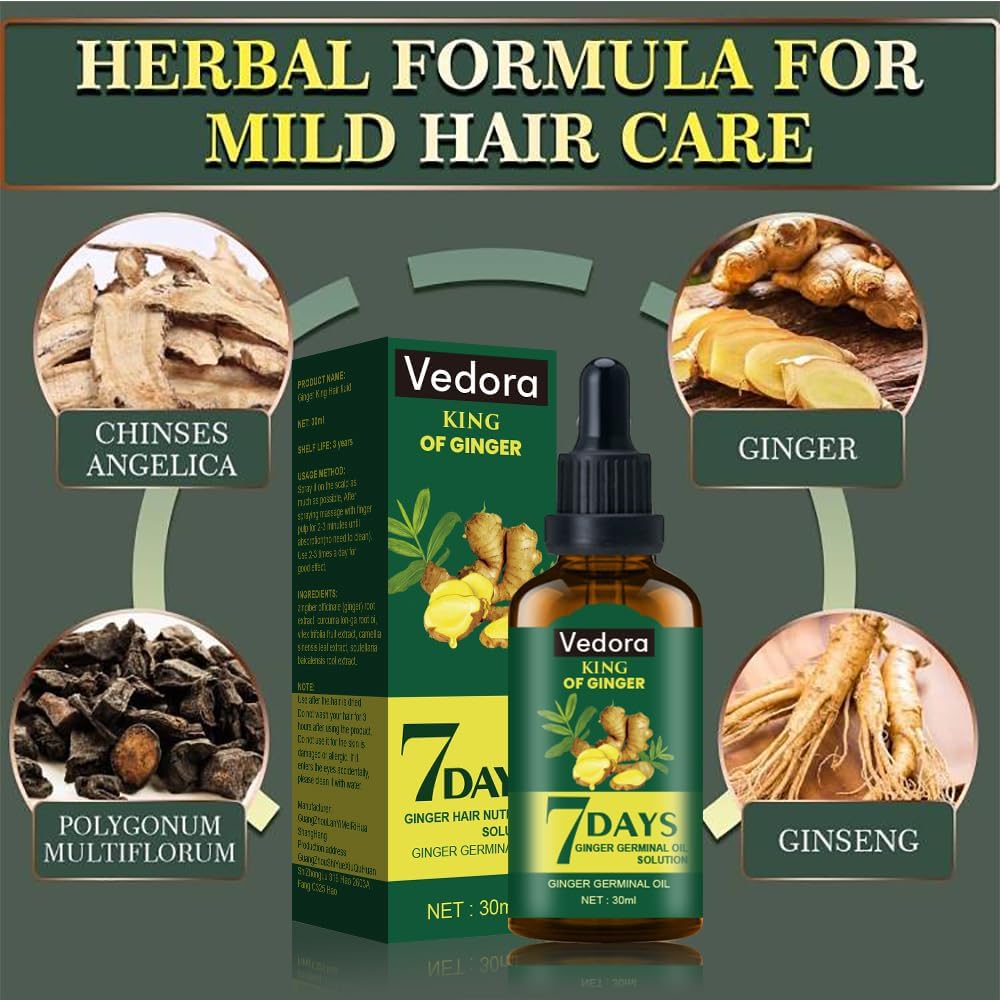 Vedora Ginger Oil for Hair Growth - Promotes Strong, Thick, Long Hair with Essential Ginger Serum - For Men & Women - 5.25 Fl Oz / 150ML (5pc)