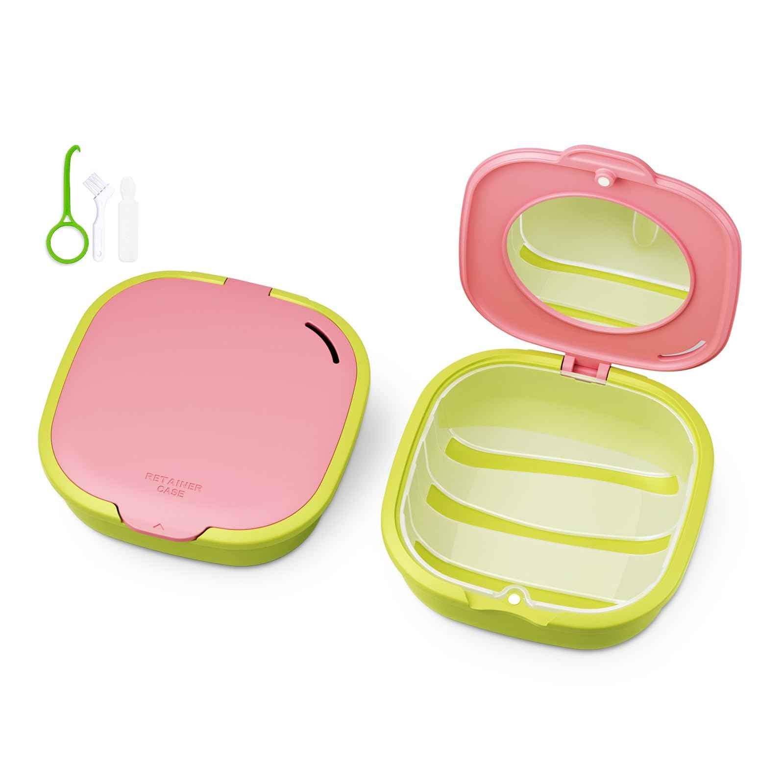ONTERATE Magnetic Retainer Box with Mirror, Compact Denture Case with Vent Holes & Retainer Remover Tool & Chewies & Brush, Protable Aligner Cleaner Case for Night Mouth Guards, Braces (Pink Green)