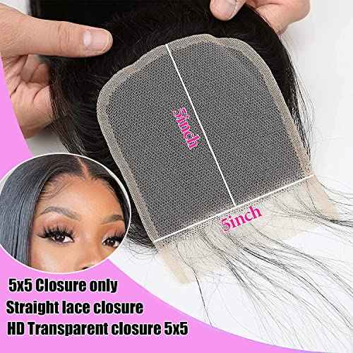 5x5 Straight Hd Lace Closure Human Hair 12A Real Transparent Lace Closure 5x5 Closure Virgin Remy Human Hair Frontal Closure Pre Plucked With Baby Hair Natural Black Color(20inch)