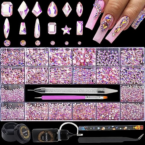 Nail Rhinestones - 4300pcs Crystal Pink AB, Multiple Shape Gems, Flat Back Rhinestones, with Kit and Glue Gel, for Nail Art