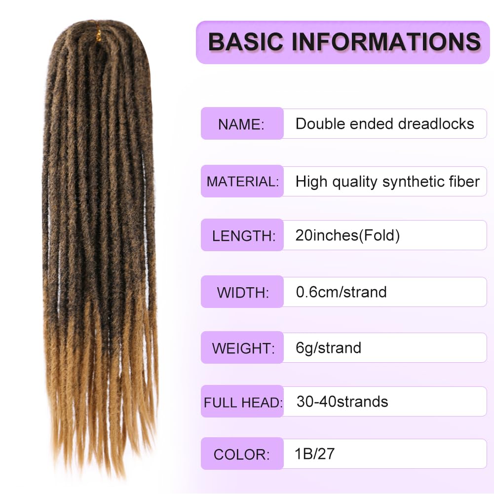 BUFENGSUN Straight Dreads Synthetic Double Ended Dreadlock Extensions 20inches 10 Strands Thin Soft DE Dreadlocks Extensions for Women (10 Strands, 1B/27)