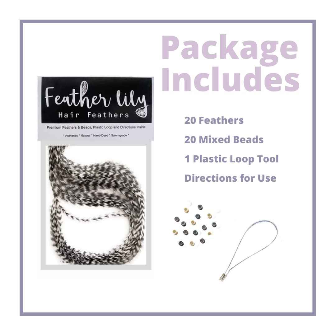 Black and White Striped Hair Feathers DIY Kit for Feather Extensions- 20 Real Rooster Feather Accessories, microlink beads and loop tool by Feather Lily