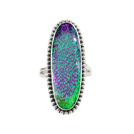 Boho Doublet Opal Ring Unique Purple Green Multi Fire Gemstone Lab-Created Opal Jewelry Large Oval Shape 925 Sterling Silver Handmade Statement Ring For Women Anniversary, Wedding Gift For Her By NKG