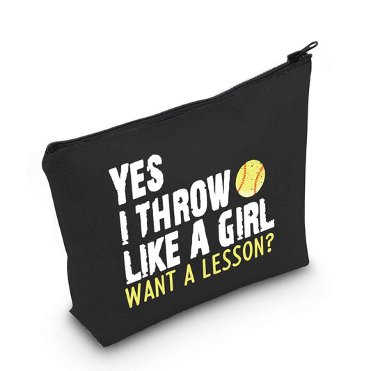 POFULL Softball Player Gift Softball Team Gift Yes I Throw Like A Want A Lesson Softball Cosmetic Bag (Black I Thow like Bag)