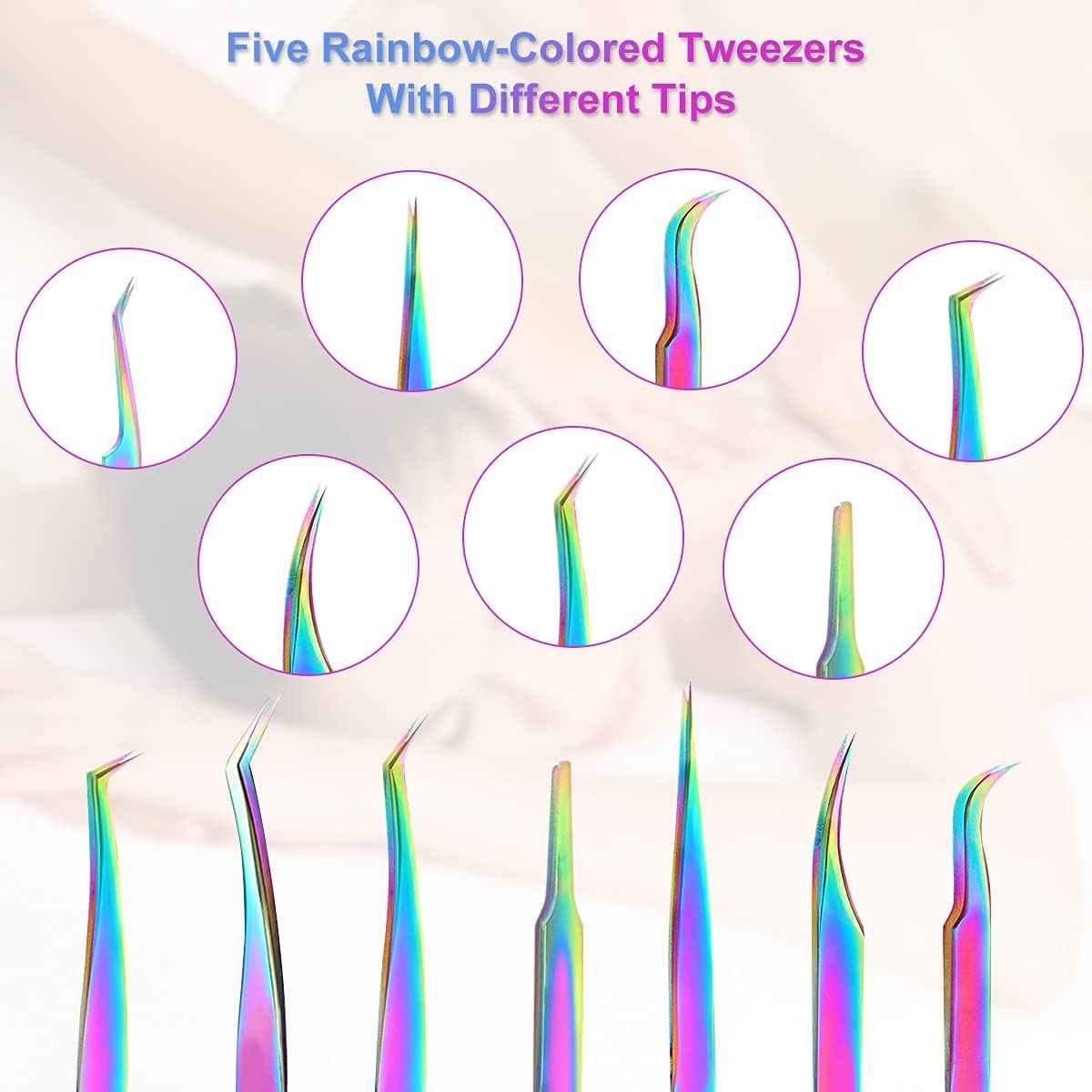 Eyelash Extension Tweezers Set, Fangze 7 Pcs Lash Kit Rainbow Stainless Steel Straight and Curved Tweezer for Nail Art Ingrown Hair Craft