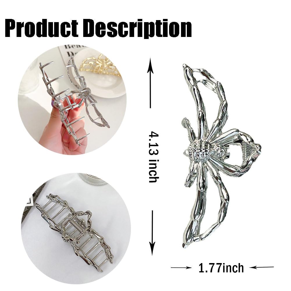 Spider Metal Silver Hair Claw Clips - Large Non-Slip Luxury Headdress for Thick Hair, Strong Grip Jaw Hair Clips, Fashion Accessories for Women and Girls, 1Pcs